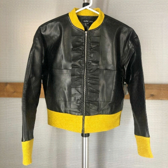 SISTER JANE‎ NWT Black Faux Leather Yellow Trim Bomber Jacket Sz S - Picture 2 of 6